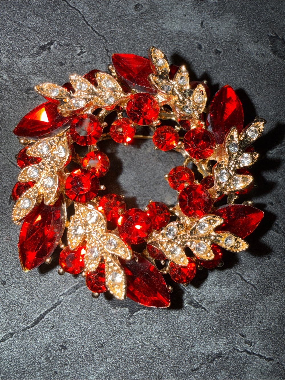 Gold-Tone Red Crystal Wreath Brooch - Elegant Women’s Accent